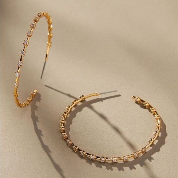 Anthropologie Jewelry - Anthropologie Pave Pattern Gold Hoops with Crystals Size Medium